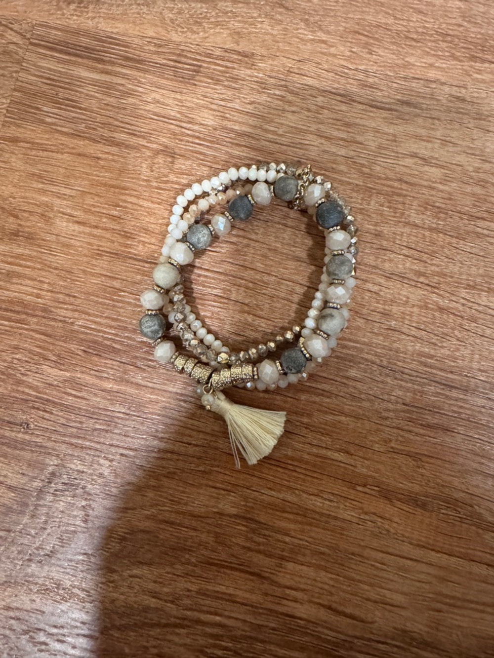 Beaded Tassel Stretch Bracelet Set - Neutral Cream & Gold